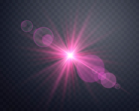 Sunlight lens flare, sun flash with rays and spotlight. Pink glowing burst explosion on a transparent background. Vector illustration.