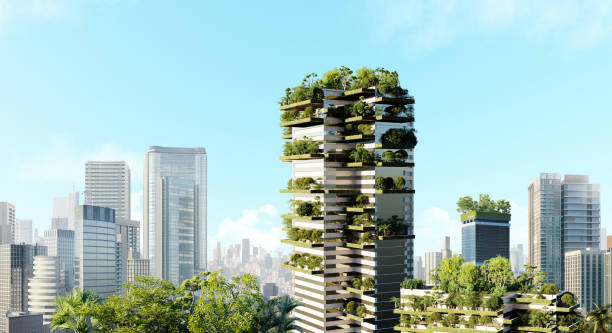 istock 3D illustration of a modern skyscraper with plants 2014715180
