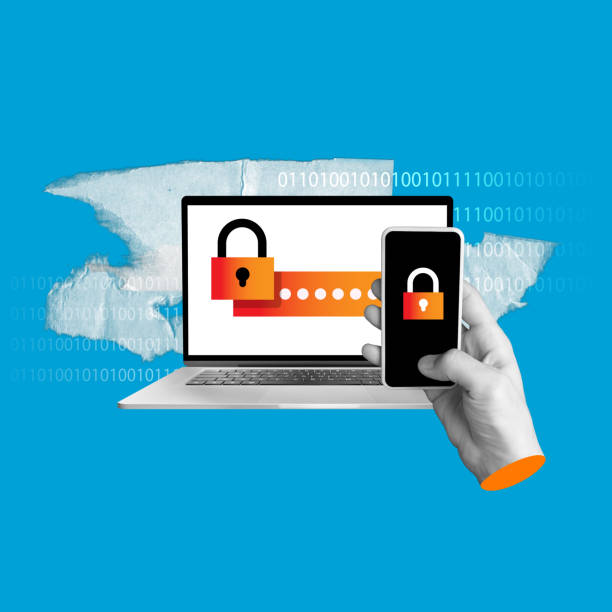 istock Human hand holding phone with lock on screen connected to laptop with password and lock. Keeping data safe and private. 2014757502