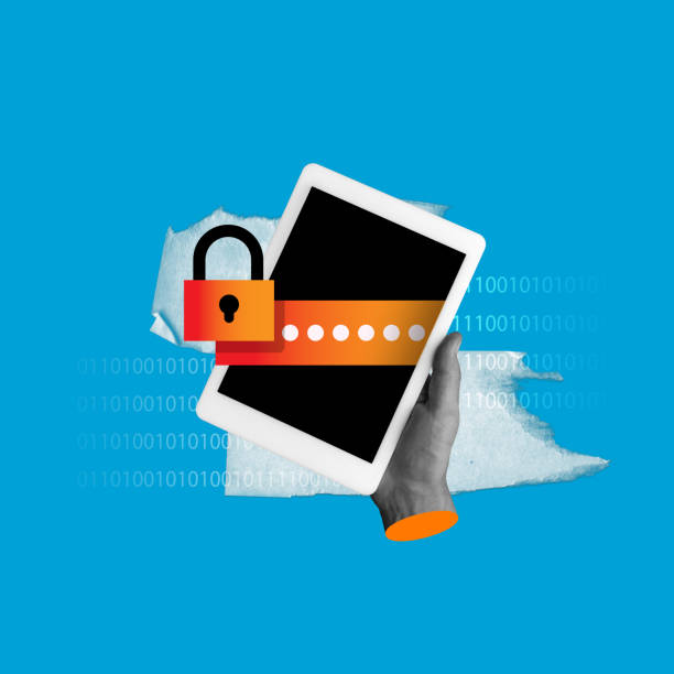 istock Conceptual design. Human hand hooding tablet with password and padlock elements. Keeping personal information safe via security app. 2014757504