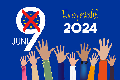 German Text 2024 Europawahl 9.Juni - European Elections. People raising hands. cross mark check and European Flag Background with Stars. flat vector illustration.