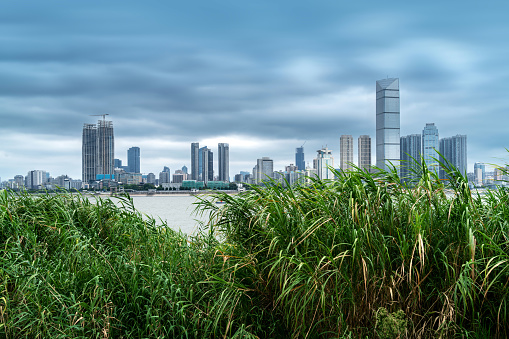 Yangtze River and skyscrapers, Wuhan, China.