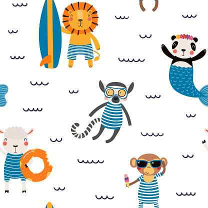 Hand drawn seamless vector pattern with cute animals in swimsuits, on a white background. Scandinavian style flat design. Concept for children summer textile print, wallpaper, wrapping paper.