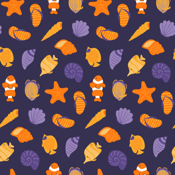 ilustrações de stock, clip art, desenhos animados e ícones de seashells and fish seamless pattern - color image blue background season animal