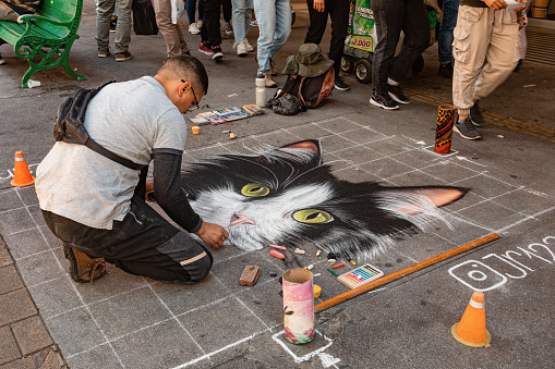Medellin, Colombia - December 9, 2023: Capturing a street artist in the act of painting a cat in the vibrant city. Antioquia department, Colombia.