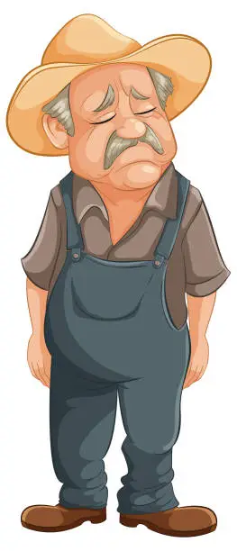 Vector illustration of Cartoon of a tired, old farmer standing solemnly