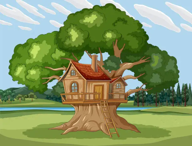 Vector illustration of Quaint wooden treehouse nestled in a lush greenery