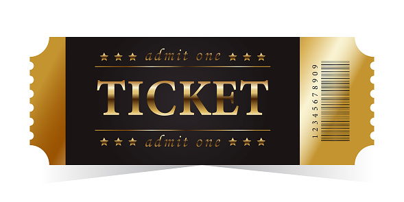 admit one golden tickets. Concert ticket, lottery coupons. Vector coupon