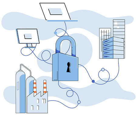 Industrial cyber security. Vector illustration. The industry must continuously adapt its security systems to address emerging threats Analysis cyber risks helps identify potential weaknesses