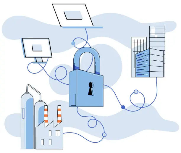 Vector illustration of Industrial cyber security. Industrial cyber security is metaphorical firewall protects businesses from cyber attacks