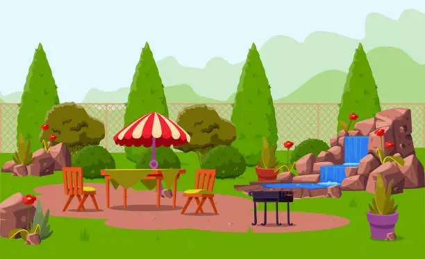 Vector illustration of Wooden table with umbrella and chairs