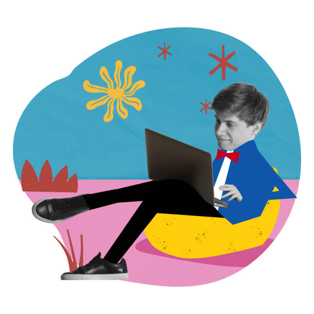 istock Young guy, freelancer on summer resort sitting on floor char and working remotely on laptop, doing tasks online. Freedom of movement. Contemporary art collage. 2014842990