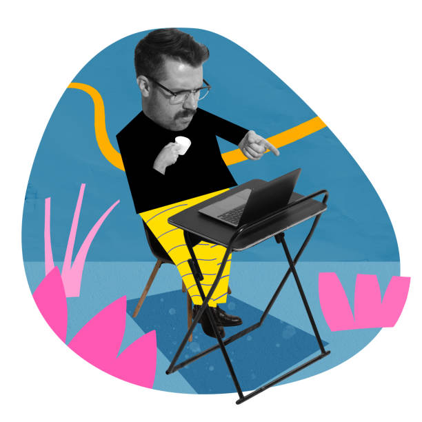 istock Serious concentrated businessman with coffee cup sitting at table and working on laptop, having online conference with team. Contemporary art collage. Remote work 2014843499