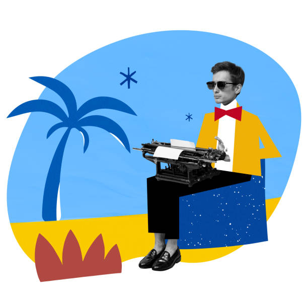 istock Elegant man sitting on beach with retro typewriter and working remotely on summer vacation. Writer, journalist, novelist. Contemporary art collage. 2014843503