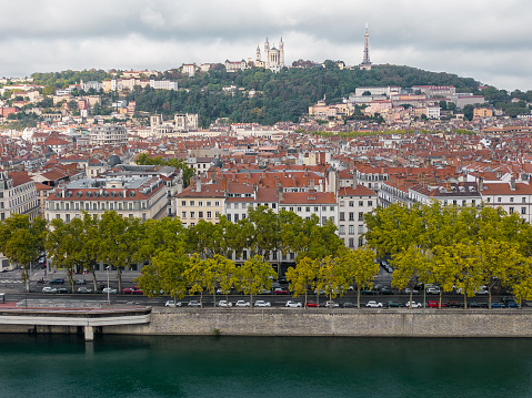 Aerial drone view over the River Rhone, looking across to the historic Fourviere district, in the French city of Lyon. The city has UNESCO World Heritage status, with a rich social history dating back to Roman times.