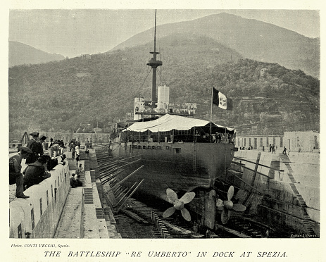 Vintage picture of Italian Navy Warship, Battleship, Re Umberto in dry dock at Spezia, Naval Military History, 19th Century 1890s