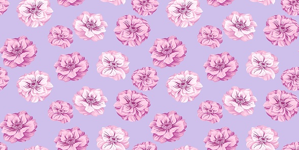 Pastel abstract artistic flowers seamless pattern on a violet background. Stylized floral Ranunculus, Trollius Asiaticus , Globe flower. Vector hand drawn illustration. Template for design,  printing