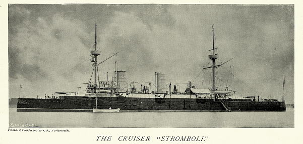 Vintage picture of Italian Navy Warship, cruiser Stromboli, Navy Military History, 19th Century 1890s