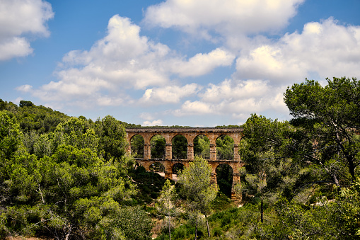 Areal Panorama of Les Ferreres Aqueduct or Pont del Diable - Devil's Bridge. A Roman aqueduct at Tarragona, Catalunya, Spain