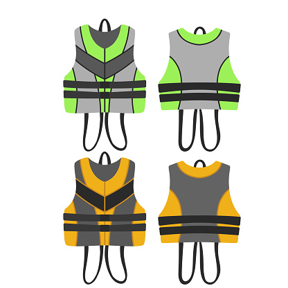 Safety jackets. Vector life vest yellow and green visibility fluorescent jackets. Front and back. Vector illustration