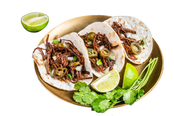 istock Mexican Beef Barbacoa Tacos with Cilantro and Onion.  Isolated on white background.  Top view. 2014861642
