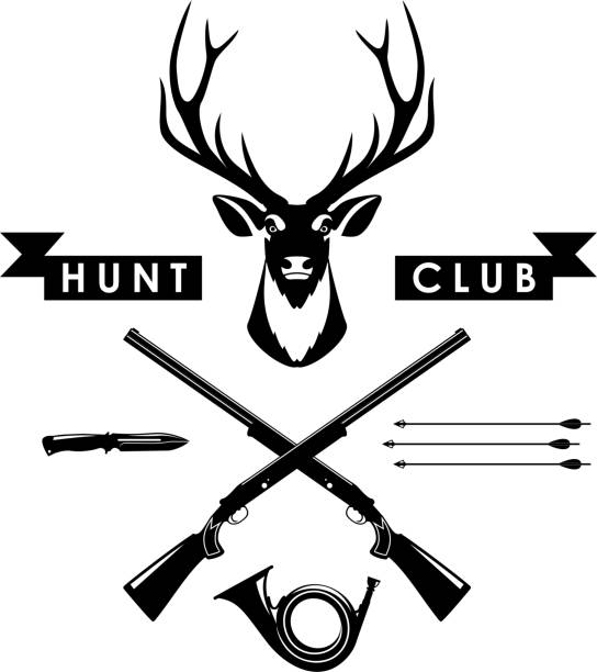 Deer Head, Wooden Arrows, Knife, Crossed Hunting Rifles and Banner of Hunting Club Isolated in Flat Style. Vector Illustration. Deer Head, Wooden Arrows, Knife, Crossed Hunting Rifles and Banner of Hunting Club Isolated in Flat Style. archery range stock illustrations