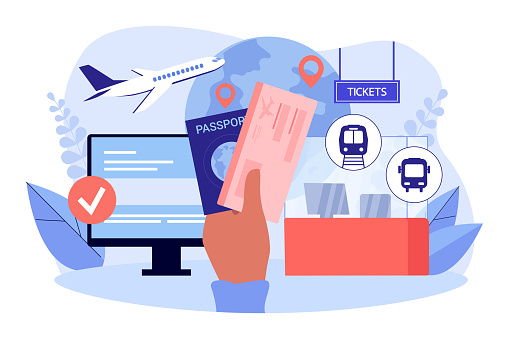 Hand with passport and ticket vector illustration. Computer with check mark, airplane, metro train, bus and globe with destination points. Online buying tickets, traveling concept