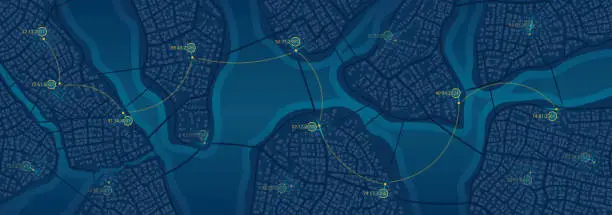 Vector illustration of Location data on an abstract map. Designated markers. Graphic visualization background data on map graph. Abstract vector map of roads with data on top of it. Editable illustration.