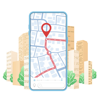 Mobile phone with city map on the screen. Urban mobility, route optimization, city exploration. Concept of your location on map and navigation to poi. City landscape background. Vector illustration.