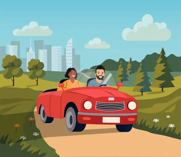 Vector illustration of Funny family driving in red car on weekend holiday. Vector flat cartoon illustration