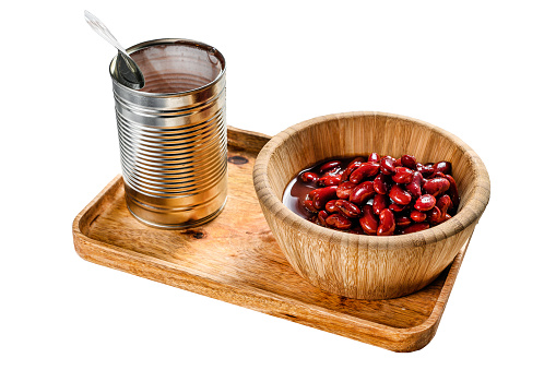 Red canned beans in an aluminum can.  Isolated on white background.  Top view.