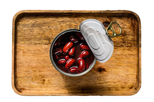 Red canned beans in an aluminum can. Isolated on white background.  Top view.