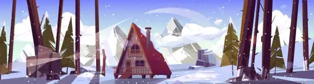 Vector illustration of Cartoon winter snowy landscape with wooden cabin