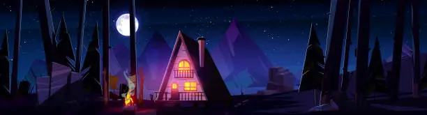 Vector illustration of Wooden house near night forest river