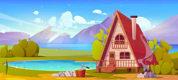 Vector illustration of Wooden hut on shore of lake near rocky mountains