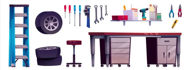 Vector illustration of Garage interior furniture and working tools.