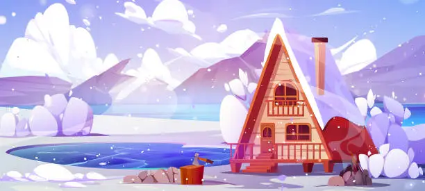 Vector illustration of Cartoon winter landscape with wooden cabin