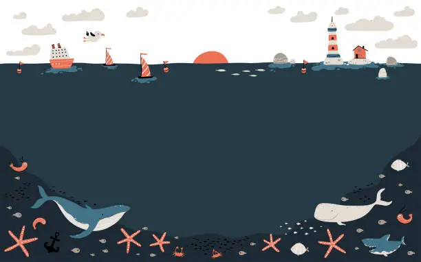 Vector illustration of Template horizon with the bottom of the ocean and fauna. A ship, boats and a lighthouse with a fishing house. Marine inhabitants below. Vector illustration in cartoon scandinavian style