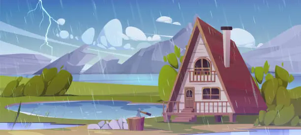 Vector illustration of Wooden cottage near mountain lake in rainy weather