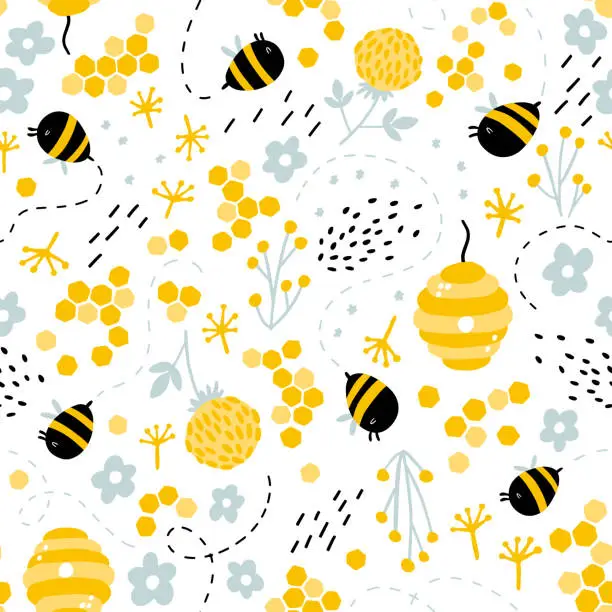 Vector illustration of Funny bees and beehive in herbs and flowers seamless pattern. Vector naive characters in scandinavian hand-drawn cartoon style. Ideal for children's textiles, clothing, wallpaper, packaging