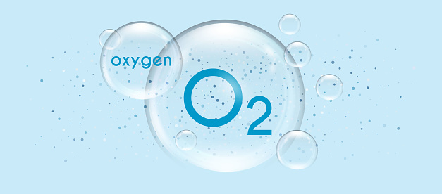 Oxygen molecule in a transparent 3d bubble. Clean water and air icon. O2 chemical element. Vector illustration on blue background