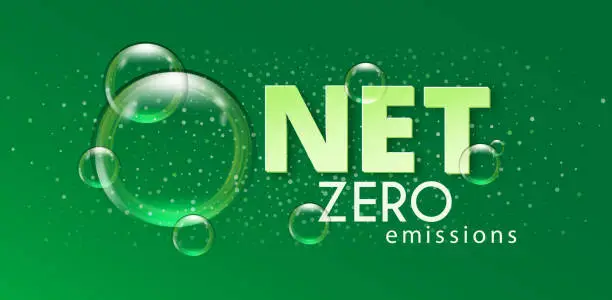 Vector illustration of Net zero and carbon emission banner. Green energy concept. Climate change. CO2 neutral. Vector background with air bubbles