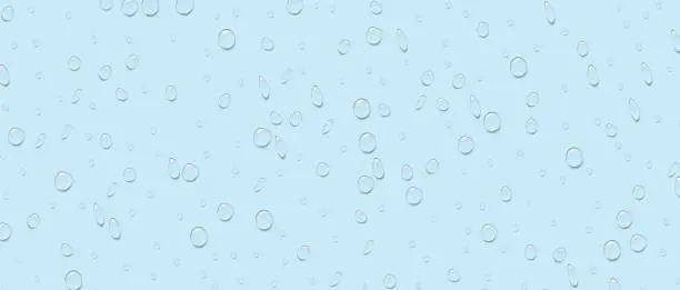 Vector illustration of Rain splatters on the blue glass. A drop of water. Dew drops. Vector background