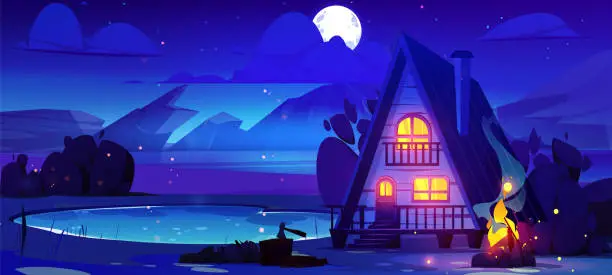 Vector illustration of Night landscape with wooden hut near mountains