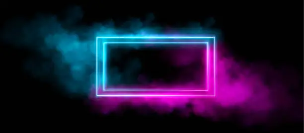 Vector illustration of Rectangular neon light frame in cloud of smoke