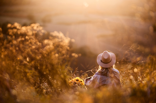 Rear view of carefree woman relaxing in tall grass during autumn picnic day on a hill at sunset. Copy space.