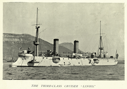 Vintage picture of French Navy Warships, Cruiser Lionois, Naval Military History, 19th Century 1890s