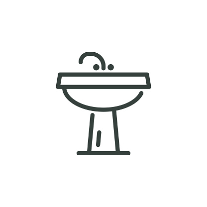 Thin Outline Icon Sink Unit With Tap Washbasin, Basin Washstand. Such Line Sign as Plumbing Sanitary Engineering. Vector Isolated Custom Pictogram for Web and App on White Background Editable Stroke.