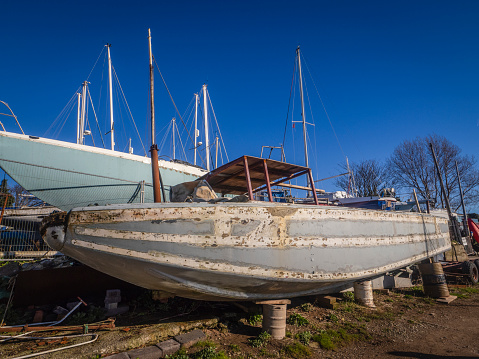 02.02.2024 Heswall, Wirra l, UK. More than 100 mostly unused boats, dinghies, trailers and other marine related items have been at Banks Road slipway and foreshore for a number of years.