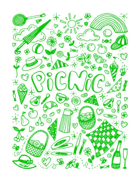 Vector illustration of green linear picnic vector illustration isolated on white background